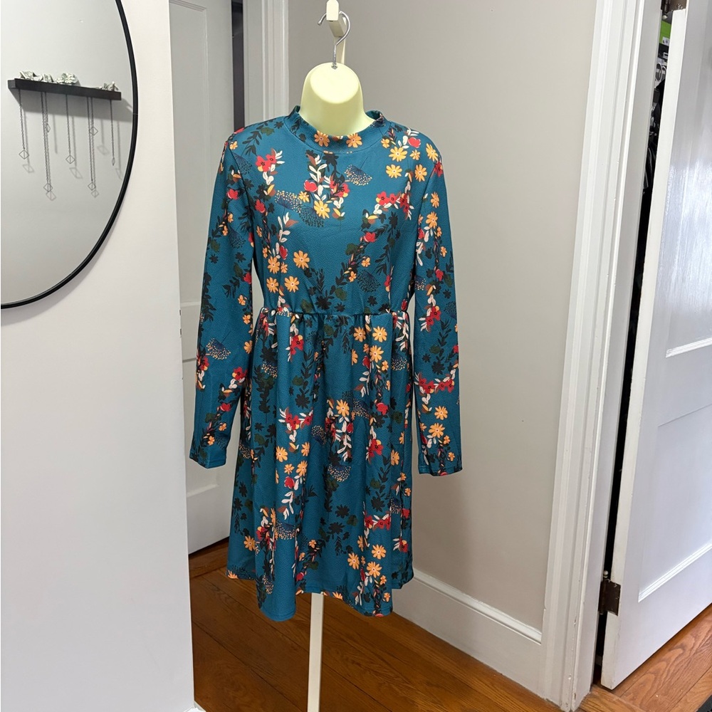 Teal Floral Long-Sleeve  Dress